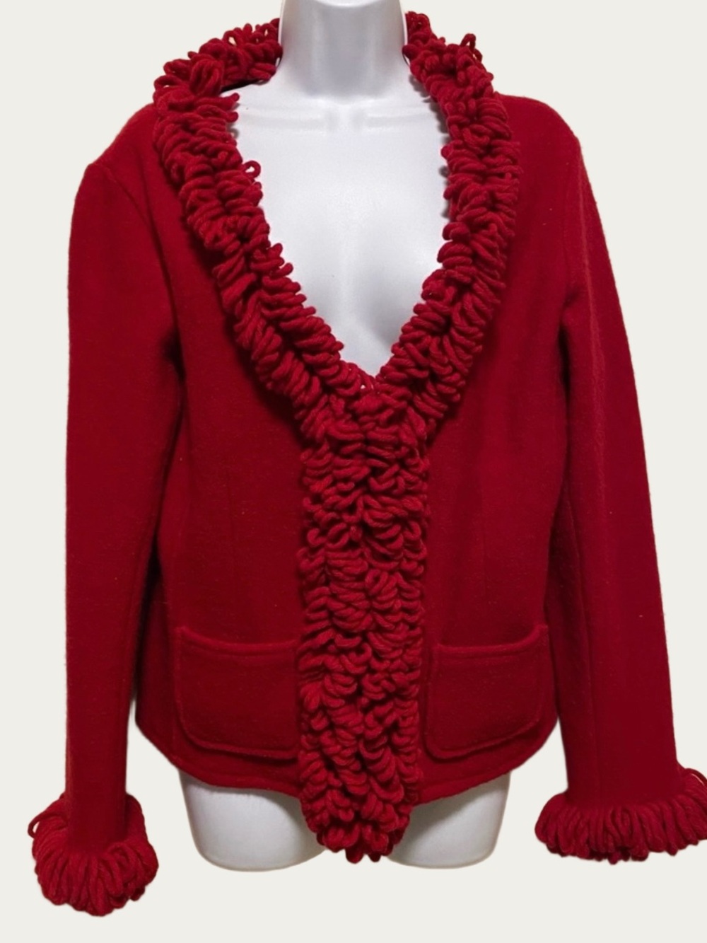 Tally Ho Vintage Valentine Red Sweater Ruffled Feminine Wool Cardigan Med